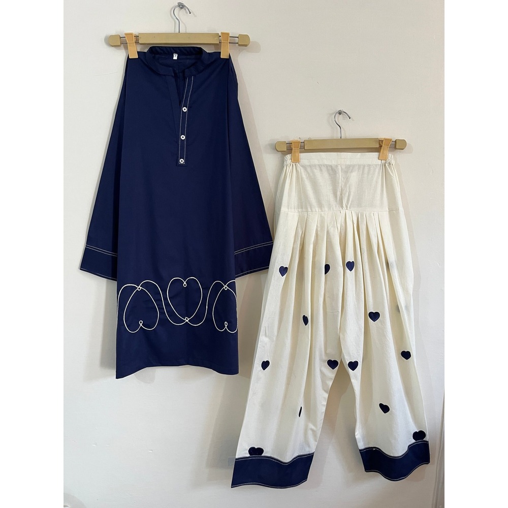 Ethnc 2 Piece Set Navy Blue Tunic Cream Heart Embroidered Pants Trousers